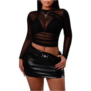 RoseSeek Women's Long Sleeve Mesh Tops Ruched Crew Neck See Through Tight T Shirts (Black, S)
