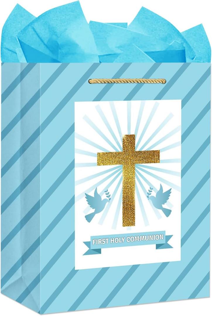 FLYAB First Holy Communion Gift Bag - 11.5" Baptism Gifts for Girls Boys First Communion Religious Cross Christian with Tissue Paper Handle Confirmations Gifts for Baby Boys Girls
