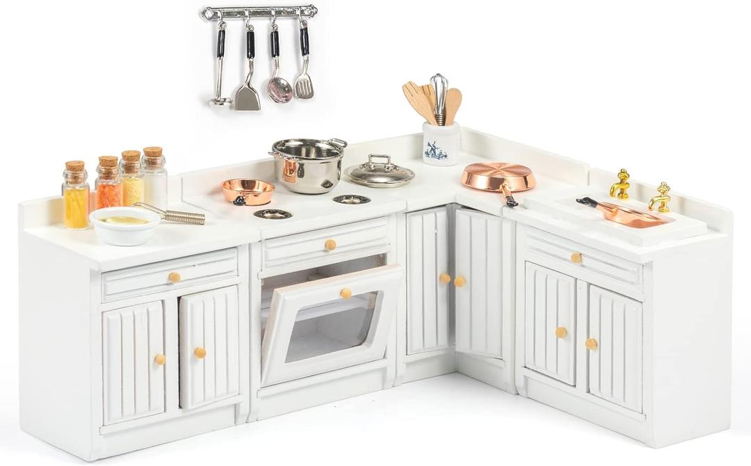 SAMCAMI Wooden Dollhouse Furniture Set - Miniature Furniture 1 12 Scale for Dollhouse Kitchen - Doll House Furniture Toys Incl Freely Combined Wooden Kitchen Cabinets and Other Dollhouse Accessories (White)