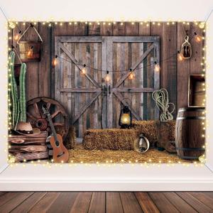 Moukeren 13 x 6 ft Western Party Backdrop Western Cowboy Party Decoration Wild West Decor Wooden House Barn Photo Background for Birthday Wedding Supply