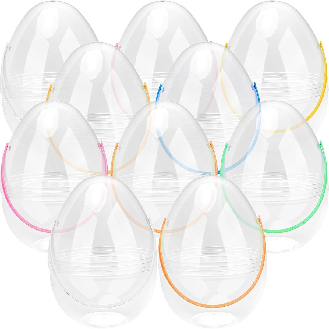 12 Inch/ 10 Inch/ 8 Inch Giant Clear Easter Eggs Fillable 4/5/ 6/7/ 8/10/ 12 Pcs Jumbo Plastic Easter Eggs Large Clear Easter Egg Empty for Easter (10 Pcs - Clear with Colorful Handle (10 Inch))