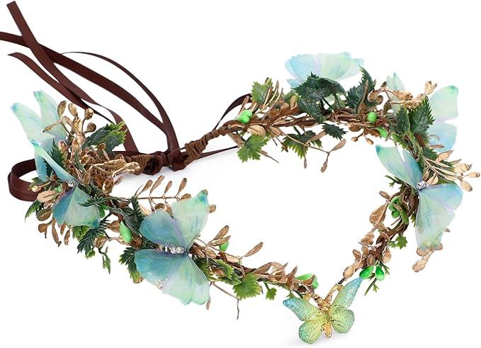 MOSTORY Handmade Fairy Butterfly Crown - Elf Flower Hadpiece Elven Headband for Women Girls Spring Wedding Maternity Shoot (Color: Green-gold)