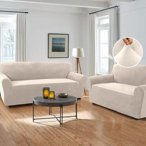 H.VERSAILTEX Stretch Velvet Couch Cover 2 Pieces Set Include 1 Piece Sofa Cover Couch Cover and 1 Piece Loveseat Cover Slipcover Crafted from Thick Comfy Rich Velour (Sofa + Loveseat, Ivory)