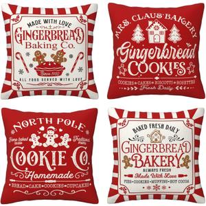 Christmas Pillow Covers 18x18 Set of 4 Xmas Deco Reindeer, Red Plaid, Christmas Tree, Red BowPillow Cases Winter Holiday Throw Pillows Decor for Couch