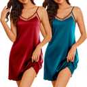 Ekouaer Womens 2 Pack Silky Nightgowns Sexy Lingerie Sleepwear Satin Negligee Chmeise Nighty Mesh V Neck Nightwear (XL)
