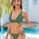ZAFUL Bikini Sets for Women Push Up Ribbed V Neck High Cut 2 Piece Swimsuits Wrap Criss Cross Bathing Suits (Green, S)