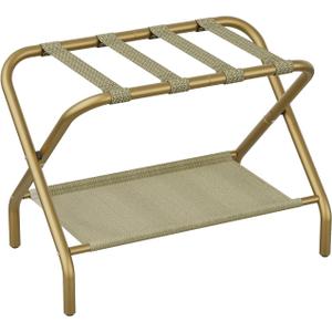 Gold Luggage Rack for Guest Room, Folding Suitcase Stand with Storage Shelf, Steel Portable Luggage Stand Bedroom, Hotel, Travel, Easy Assembly, Hold up to 110 lb