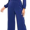 YUNDAI Womens Jumpsuit Fall Long Sleeve V Neck Casual Loose One Piece Outfits Wrap Waist Pants Long Romper with Pockets, Royal Blue, M