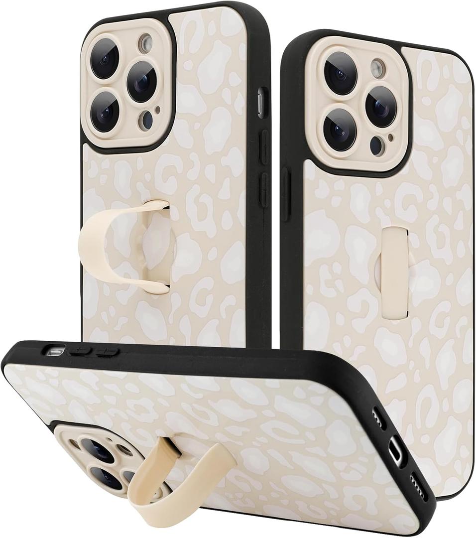 KANGHAR for iPhone 13 Pro Case White Leopard Print Pattern Cute Cheetah Wristband Stand Phone Cover for Women Girls Men Shockproof Slim Protective Cover for iPhone 13 Pro 6.1 Inch