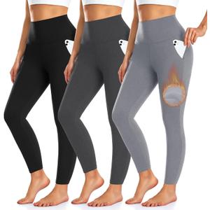 3 Pack Fleece Lined Leggings Women with Pockets -Warm Winter Yoga Pants for Women Thermal Running Workout Leggings (Small-Medium, Black/Ebony/Slate Heather)