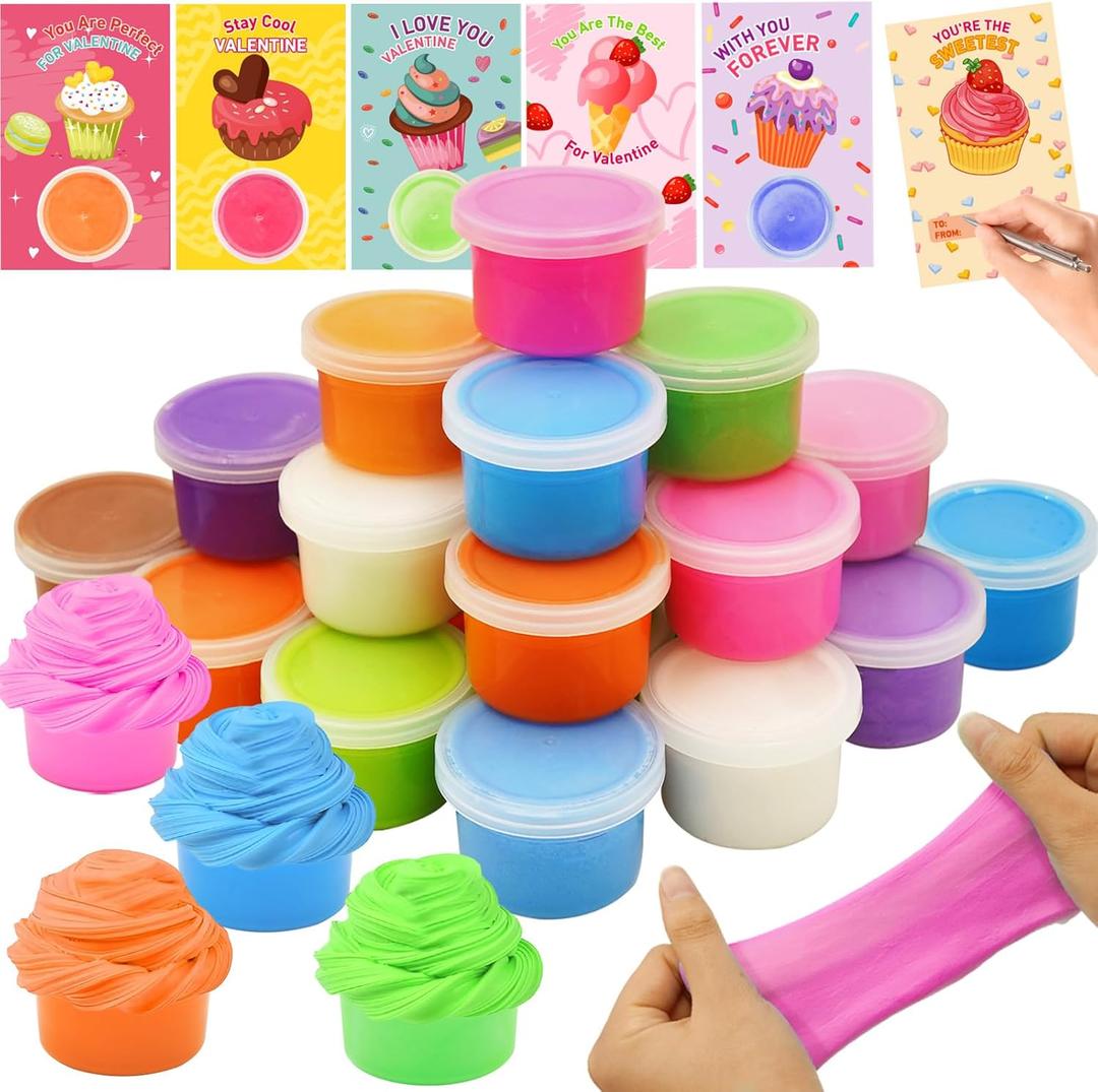 Valentines Day Gifts for Kids, 28 Pack Valentines Butter Slime Toys Valentines Cards Stress Relief Fidget Slime Toy Valentines Exchange Gifts for Kids School Classroom Valentines Party Favors