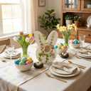 Rustic Easter Bunny Wooden Table Decor with Flowers, Farmhouse White Rabbit Happy Easter Centerpiece Sign, Antique Wood Spring Party Tabletop Decoration, Cute Holiday Gift