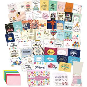60 Unique Birthday Cards - Assorted Happy Birthday Cards, 5 x 7 inches, With Messages, Envelopes & Stickers in Bulk Boxed Set, 5 inches by 7 inches