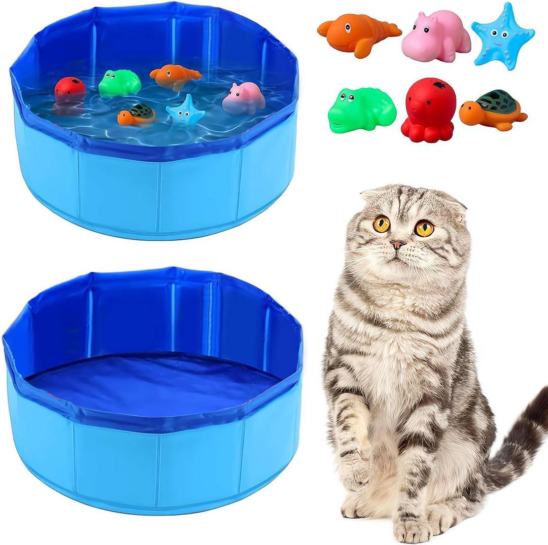 Cat Pool with Toys, Portable Cat Pool Toys, Fish Tank Cat Toys for Bored Indoor Cats, Cat Kick Toy Self-Play Pool, Folding Pool Pet Cleaning Basin (11.81*3.94 Inches)