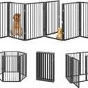 Vantas Folding No-Assembly Metal Pet Gate 120" Wide, 32" Extra Tall Dog Gate with Door Walk Through, Freestanding Accordion Puppy Gate Dog Door for Indoor & Outdoor, with 2PCS Support - Black