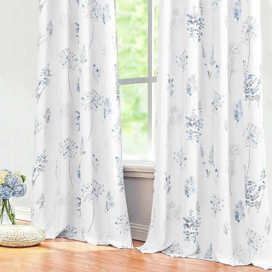Blue and White Curtains 84 Inches Long for Living Room 2 Panels Semi Black Out Tranquil Pretty Floral Flower Watercolor Pattern Coastal Grandma Beach Print Blackout Curtains for Bedroom Window,Grey