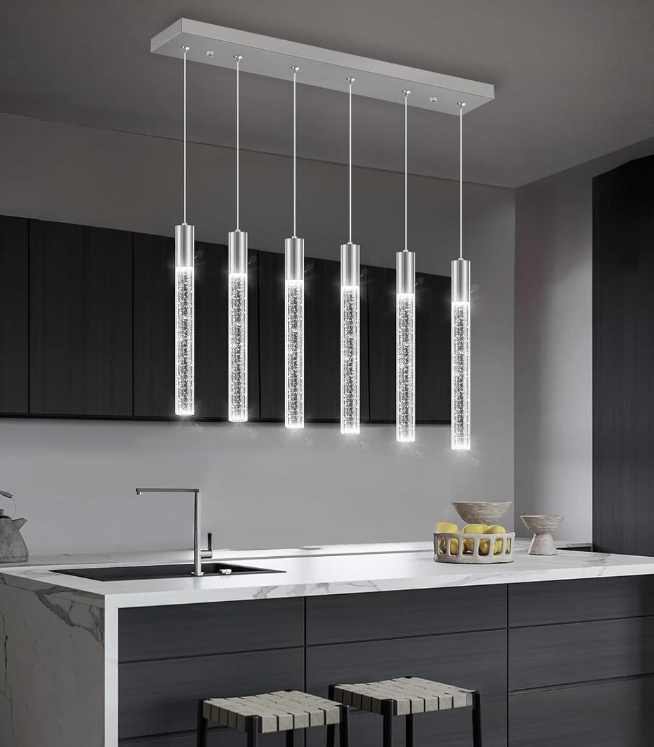 6 Lights Rectangular Crystal Pendant Lights for Kitchen Island LED Dimmable Light Modern Chandeliers Lighting Fixtures for Dining Room Bedroom Hanging Light Brushed Nickel