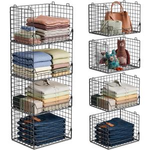 4-Tier Extra Height Stackable Closet Organizer  Foldable Storage Bins for Sweaters, Jeans, and Clothes  Sturdy Iron Mesh Shelves for Neat and Efficient Closet Storage  Black