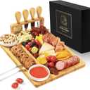 Bamboo charcuterie boards Gift Set - Serving Meat Cheese Board, Charcuterie Board Set with 4 Stainless Steel Cheese Knife, Ideal for House Warming Gifts New Home, Christmas, Bridal Shower Gift (Modern)