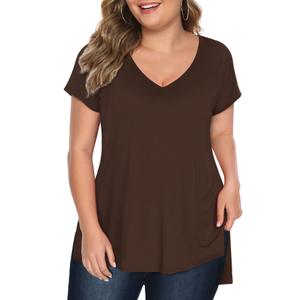 Florboom Tee Shirts Womens Short Sleeve Tops V Neck Plus Size Stretch Shirt Brown, 2XL