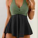 Aidonger Halter Women's Tankini Swimsuits Tummy Control Two Piece Swim Dress Bathing Suits Flowy Swim Top with Short Army Green, Black, XL 