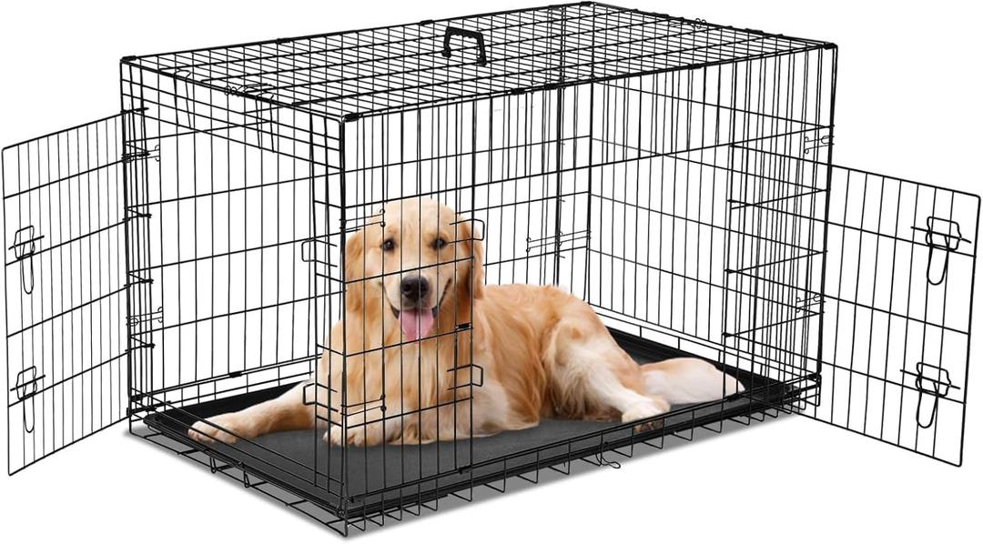 Dog Crate - 36 Inch Medium Double Door Portable Dog Cage, Metal Wire Pet Kennel with Secure Lock, Leak-Proof Pan Tray, Foldable Design for Dogs Pets Indoor Training and Outdoor Trave