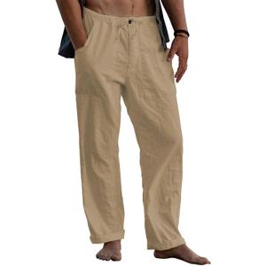 Mens Linen Pants Loose Fit Elastic Waist Drawstring Casual Summer Beach Pants with Pockets Trousers for Men (Beige, XXL)