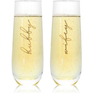 Mr&MrsGifts Hubby and Wifey Champagne Glasses Set of 2 - Stemless Crystal Flutes for Wedding/Anniversary, 10oz Lead-Free Elegant Toasting Cups, 24K Gold Logo, Romantic Gift for Him & Her(A:HW)