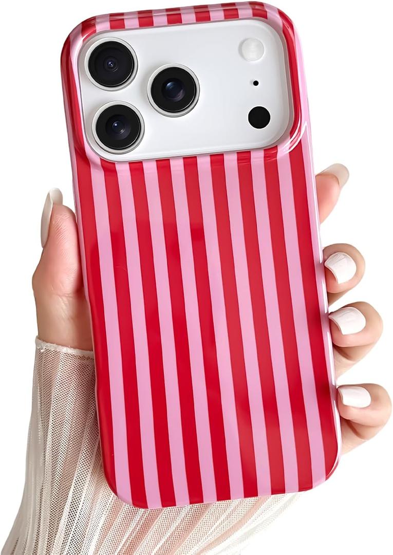 Yeddabox for iPhone 17 Pro Case Cute Striped Phone Case Soft TPU Slim Shockproof Phone Cover for Women Girls, Red and Pink