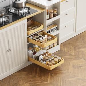Bamboo Wood Pull Out Cabinet Organizer Fixed With Adhesive Nano Film, Heavy Duty Slide Out Pantry Shelves, Sliding Drawer Pantry Shelf for Kitchen, Living Room, Home,12.2" W x 20.8" D x 2.75" H