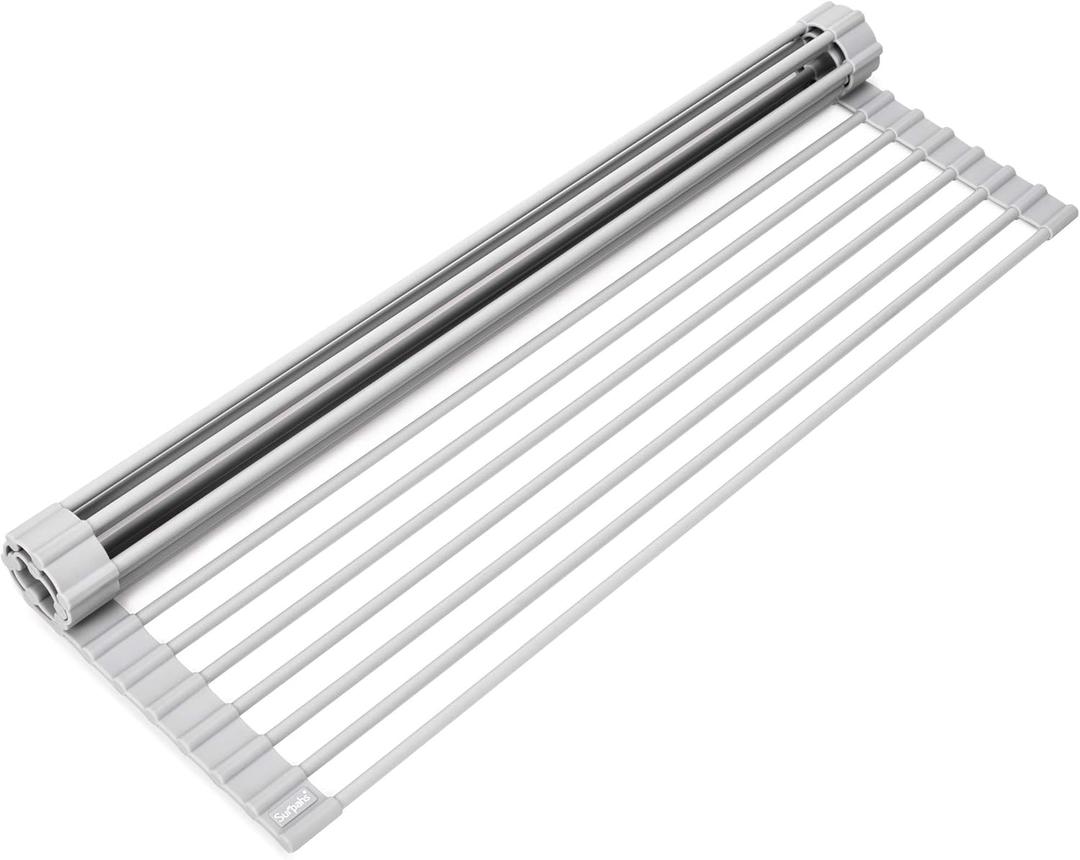 Surpahs 20.5 x 13.1 Inch Roll-Up Dish Drying Rack, Fits Across Sink Openings up to 19.5 Inches, Heavy-Duty Premium Silicone, Strong Support, Non-Slip, Heat-Resistant, Warm Gray
