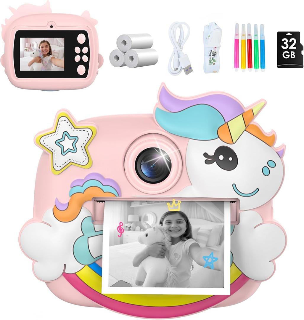 Kids Camera Instant Print, 1080P Digital Camera for Kids with 32GB SD Card, Toddler Girl Toys Birthday Festival Gifts for 3 4 5 6 7 8 9 10 Year Old Girls, Portable Travel Toys for Girls Age 3-10 (Light Pink)