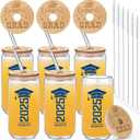 6 Pcs Class of 2025 Graduation Gifts Glass Cup with Bamboo Lids and Glass Straw, 2025 Graduation Gifts for Her Him, 16 oz College Masters Degree Can Shaped Cup (Blue)