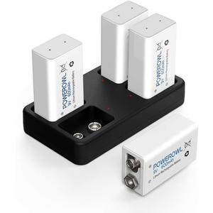 POWEROWL Rechargeable 9V Batteries with Charger, 600mAh USB Fast Charging, 4 Pack Lithium-ion Battery for Smoke Dectector and More