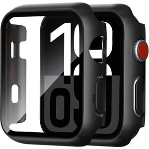 2 Pack Case for Apple Watch Screen Protector, Hard PC Case with Tempered Glass Protective Cover Guard Bumper, Slim Apple Watch Cover for iWatch Series 3 2 1 - Black/Black 42mm