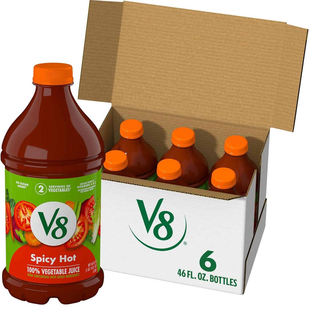 V8 Spicy Hot 100% Vegetable Juice, 46 fl oz Bottle (6 Pack) EXP: 4 Aug 2026