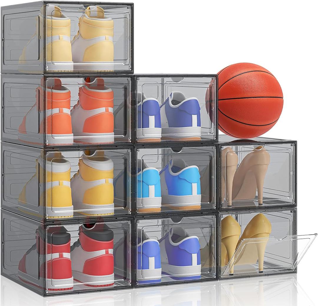 Kitsure Large Thicken & Sturdy Shoe Boxes - 9 Pack Black Clear Plastic Stackable & Reinforced Organizer with Magnetic Door, Heavy-Duty Storage for Sneakers, Toiletries & Toys, 13.4" x 10.5" x 7.1"