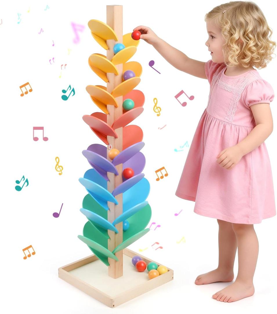 Wooden Marble Run Music Tree for Kids Ages 3+ - Upgraded Easy Assembly with Built-in Nuts, Montessori Toys for Toddlers, Color Sorting Marble Ball Run & Musical Game for Boys Girls 4-8