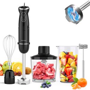 Immersion Blender Handheld Hand Blender, 1000W 5 in 1 Hand Mixer Stick, BPA-Free 12 Speed Handheld Blender 304 Stainless, Mixing Beaker, Chopper, Whisk, Milk Frother, Soup, Smoothies, Baby Food, Sauce (Black)