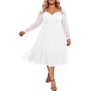 Talisea Plus Size Dresses Sweetheart Neckline Long Sleeves Chiffon Party Cocktail A Line Curvy Womens Midi Dress (White), 26Plus