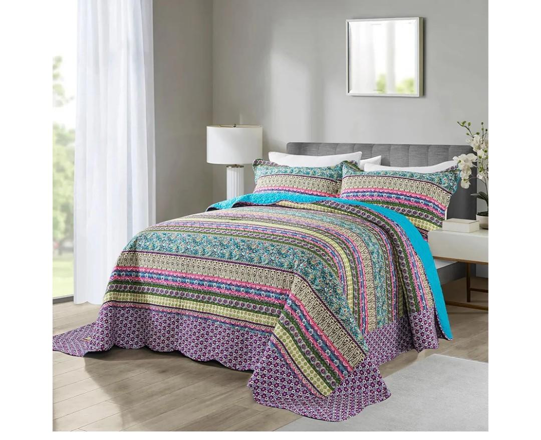NEWLAKE Cotton Bedspread Quilt Sets - Reversible Patchwork Coverlet Set, Striped Jacquard Pattern