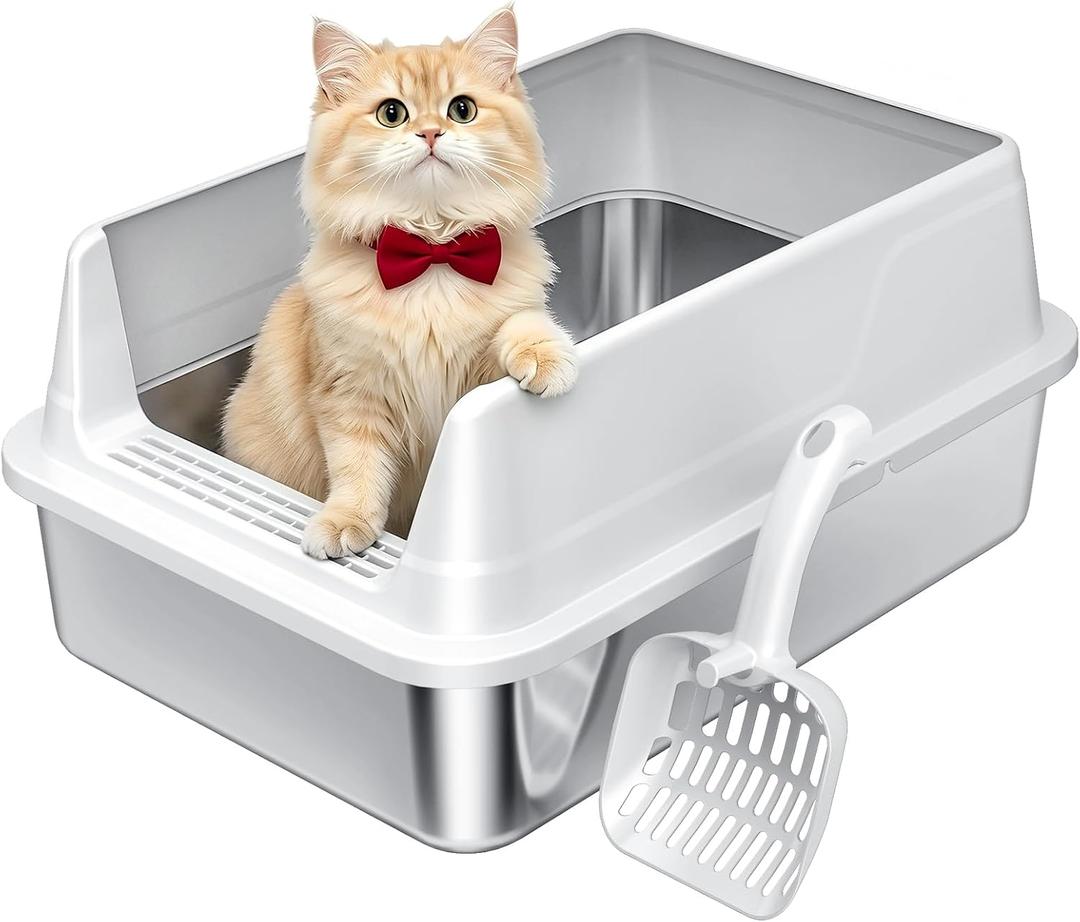 Stainless Steel Litter Box with High Sides, Small Metal Litter Box for Kittens & Senior Cats, Open Top Low Entry Non-Stick Easy Clean with Scoop, Gray