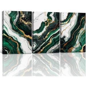 3PCS Emerald Green Wall Art Green and Gold Abstract Canvas Prints Abstract Marble Texture Picture Paintings for Living Room Bedroom Office Decor Framed(Abstract-2,16.00" x 24.00" x 3Pcs)