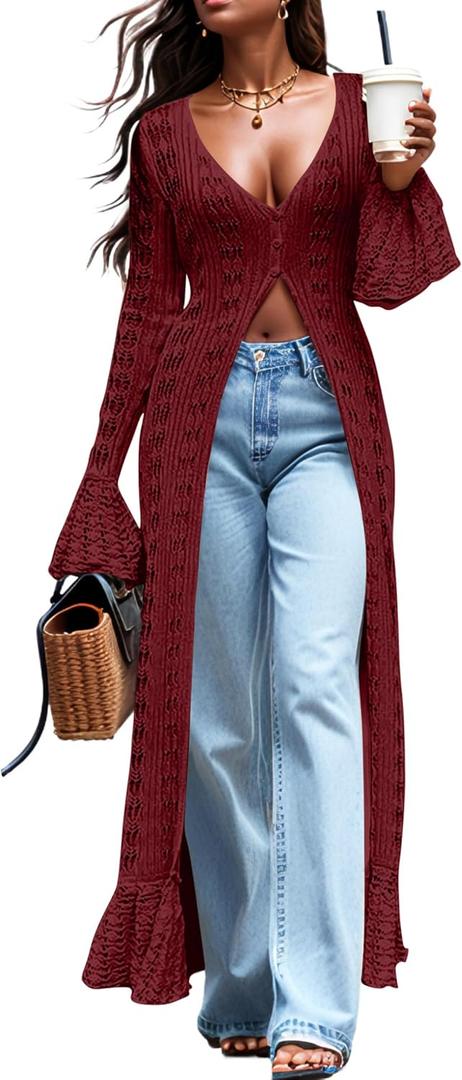 Cardigan Sweaters for Women Trendy Lightweight Crochet Long Duster Button Up Bell Long Sleeve Ruffle Knit Maxi Dress (XX-Large, Wine)