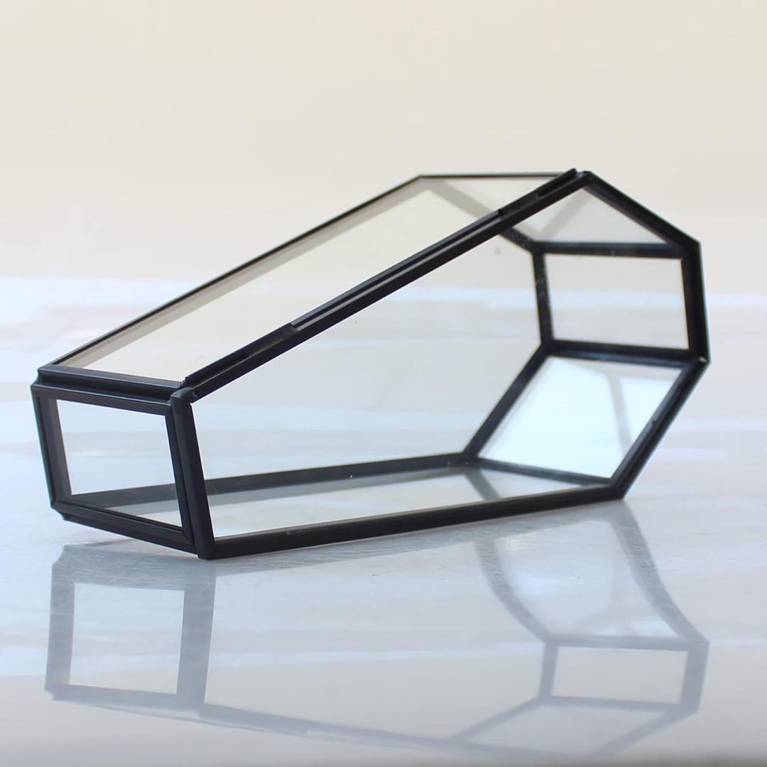 Small Glass Coffin Box with Lid,Black Trinkets Gothic Storage,Halloween Glass Terrarium, Vintage Vampire Keepsake Display Holder,Jewelry Organizer Gift for Dad,Boys