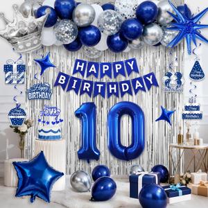 10th Birthday Decorations, Blue and Silver Happy Birthday Decorations for Boys Girls, Navy Blue 10th Birthday Party Packs with Banner Balloons Silver Fringe Curtains Foil Balloons