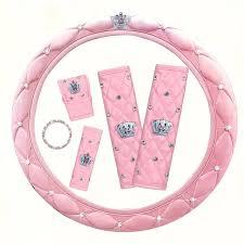 Bling Car Accessories Set for Women, Diamond Steering Wheel Cover, Rhinestone Center Console Pad Seat Safety Belt Pad Handbrake Cover Gear Shift Stick Protector Car Emblem Ring(Pink