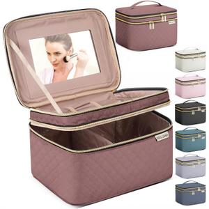 Large Makeup Bag with Mirror Double Layer Travel Make Up Organizer Case, Large Capacity Coemetic Bag with Brush Slot Divider (Rosewood)