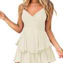 Hocuos Women's Dress Sexy V-Neck Adjustable Spaghetti Strap Waist Tie Sleeveless Layer Ruffle Hem A Line Mini Dress (X-Large, 15 Apricot)