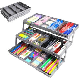 3 Tierr - Expandable Junk - Small - Multi Level Folding Smart for Makeup, Jewelry, Desk, Office Drawers(1 Row 3 Tier-Grey
